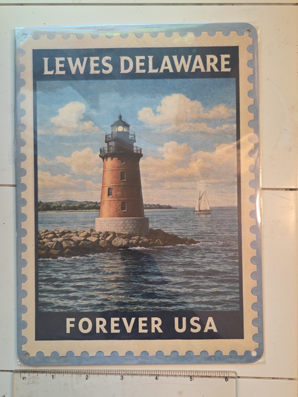 Lewes Delaware Lighthouse Wall Art - Postage- Blue, Tan, White